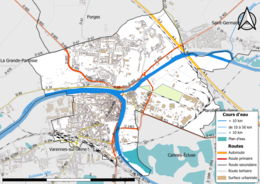 Carte en couleur présentant le réseau hydrographique de la commune