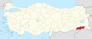 Şırnak highlighted in red on a beige political map of Turkeym