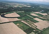 A landscape with agriculture, tree corridors and housing in Dombrád, Hungary