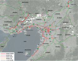 阪神地域におけるルート図。赤線が阪神高速。