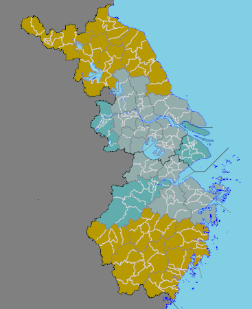 Мапа Шангаја (центра и источног дела) са Ђангсу (северно) и Џеђанг (јужно) приказује развијене области око Шангаја, Нанкинг (тамно зелено), и Хангџоу у зеленом. Провинцијске границе су обојене љубичасто, а потпровинцијске сиво.