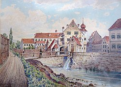 Der offene Grazbach am späteren Dietrichsteinplatz, Aquarell von 1926 nach einer Vorlage, die den Zustand 1864 zeigt