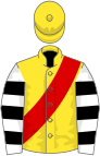 yellow, red sash, black hoops on white sleeves, yellow cap