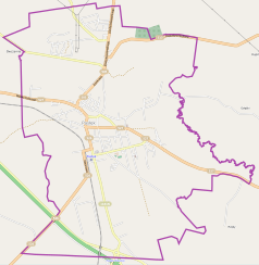 Mapa konturowa Pasłęka, blisko centrum na lewo u góry znajduje się punkt z opisem „Ratusz w Pasłęku”