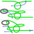 Lightning method, tied on a ring. Pull per the blue arrows.