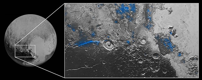 Regioner med vannis (blå regioner) Foto: New Horizons (8. oktober 2015)