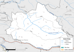 Carte en couleur présentant le réseau hydrographique de la commune