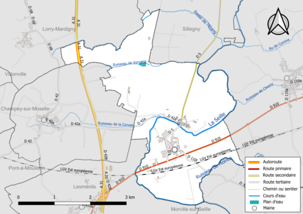 Carte en couleur présentant le réseau hydrographique de la commune