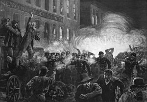 Illustration of Haymarket square bombing and riot