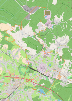 Mapa konturowa Trzebini, blisko centrum u góry znajduje się punkt z opisem „KWK Siersza”