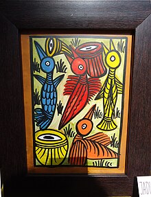 Peinture de couleurs vives représentant des oiseaux stylisés.