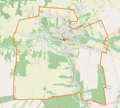 Mapa konturowa Nałęczowa, po prawej nieco u góry znajduje się punkt z opisem „Kościół św. Jana Chrzciciela”