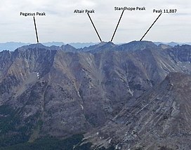 A photo of Altair and surrounding peaks viewed from Hyndman Peak.