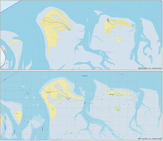 Rottumerplaat en Rottumeroog, topografie op basis van luchtfoto's uit respectievelijk 2011 en 2017