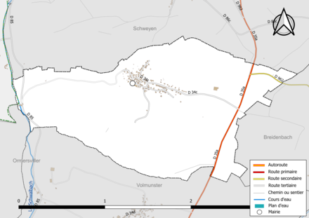 Carte en couleur présentant le réseau hydrographique de la commune