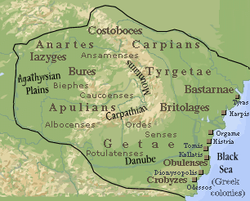 Dacia’s expansions and largest extent under Burebista c. 45 BC