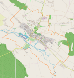 Mapa konturowa Pińczowa, blisko centrum u góry znajduje się punkt z opisem „Dawna lokalizacja zamku”