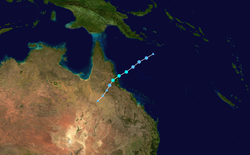 Les points montrent la position de la tempête par intervalles de 6 heures. La couleur des points indique la vitesse maximale des vents selon l'échelle de Saffir-Simpson.