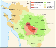 Carte des différentes zones de production du Cognac et du Pineau dans les deux Charentes : Saujon est en bons bois