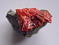 Getchellite: double sulphide of Arsenic and Antimony: mass of scarlet crystalline material of resinous lustre on grey matrix