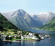 Kviknes Hotel along the water in downtown Balestrand