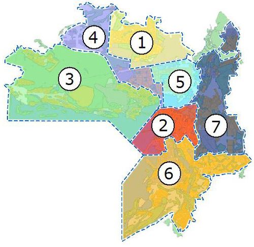 районы: 1 — Авиастроительный 2 — Вахитовский 3 — Кировский 4 — Московский 5 — Ново-Савиновский 6 — Приволжский 7 — Советский