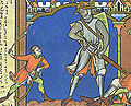 David und Goliath mit gesteppten Beinkleidern, die unter der Rüstung getragen wurden. Buchmalerei aus der Maciejowski-Bibel, um 1250