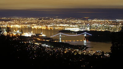 Lions Gate Bridge in relation to Vancouver city and harbour, from Cypress Viewpoint, Dec 2012