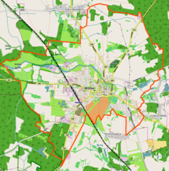 Mapa konturowa Wołowa, blisko centrum u góry znajduje się punkt z opisem „Krzywy Wołów”