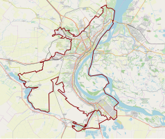 Mapa konturowa Wołgogradu, blisko centrum u góry znajduje się punkt z opisem „Dom Pawłowa”