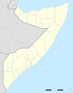 Mapa konturowa Somalii, blisko górnej krawiędzi po lewej znajduje się punkt z opisem „Saylac”