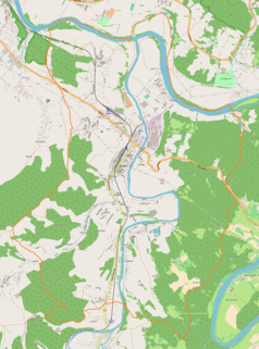 Mapa konturowa Zagórza, w centrum znajduje się punkt z opisem „Kościół pw. Wniebowzięcia NMPw Zagórzu”