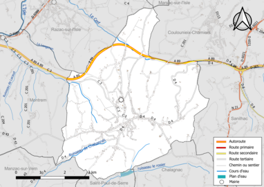 Carte en couleur présentant le réseau hydrographique de la commune