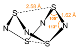 Stereo, skeletal formula of tetrasulfur tetranitride with some measurements