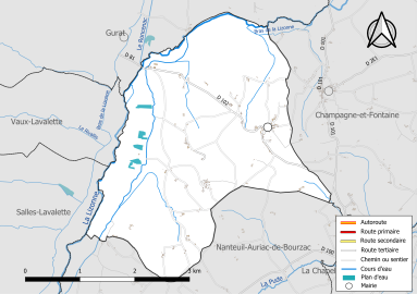 Carte en couleur présentant le réseau hydrographique de la commune