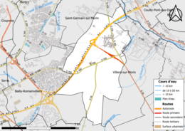 Carte en couleur présentant le réseau hydrographique de la commune