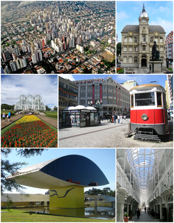 Clockwise from Top: Skyline from Barigui Park; 24 Hours Street; Paço da Liberdade; The Botanical Garden of Curitiba, Oscar Niemeyer Museum; Palace Avenue building.