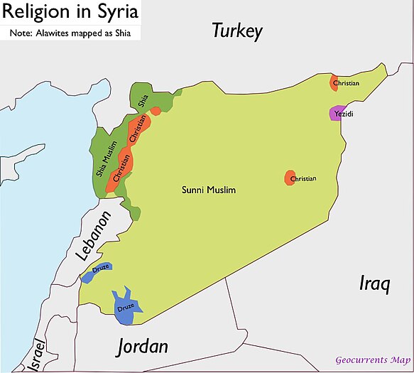 Kort med Syriens religioner Det mørkegrønne område er markeret med 'shia' i et ellers sunnidomineret Syrien. Mod syd drusere og nordvest et område med kristne