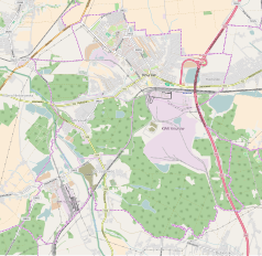 Mapa konturowa Knurowa, blisko centrum na dole znajduje się punkt z opisem „Parafia NMP Królowej Świata”