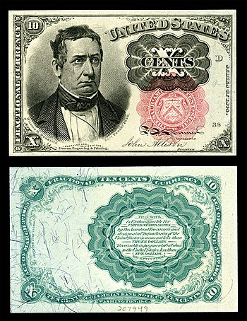 Obverse and reverse of a ten-cent fifth-issue fractional-currency banknote