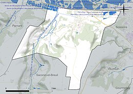 Carte en couleur présentant le réseau hydrographique de la commune