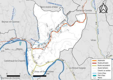 Carte en couleur présentant le réseau hydrographique de la commune