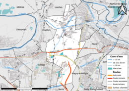 Carte en couleur présentant le réseau hydrographique de la commune