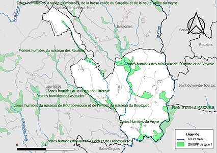 Carte des ZNIEFF de type 1 sur la commune.