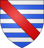 Blason avec des bandes horizontales blanches et bleues, barrées dans la diagonale par une bande rouge.