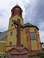 Helmstadt, katholische Pfarrkirche St. Martin, spätbarocker Chorflankenturm mit Apsis aus dem Jahr 1723