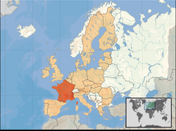 Ibùdó ilẹ̀  Metropolitan France  (orange) – on the European continent  (camel & white) – in the European Union  (camel)                  [Legend]