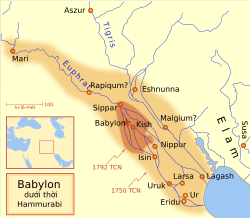 Đế quốc Babylon mở rộng vào đầu và cuối thời trị vì của Hammurabi