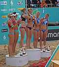 Sports-bikinier under EM i sandvolleyball 2008. På førsteplass Sara Goller og Laura Ludwig fra Tyskland, på andre Nila Håkedal og Ingrid Torlen og på tredje Kathrine Maaseide og Susanne Glesnes, alle fra Norge.