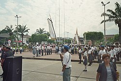 A ceremony taking place in the central square of Tarapoto